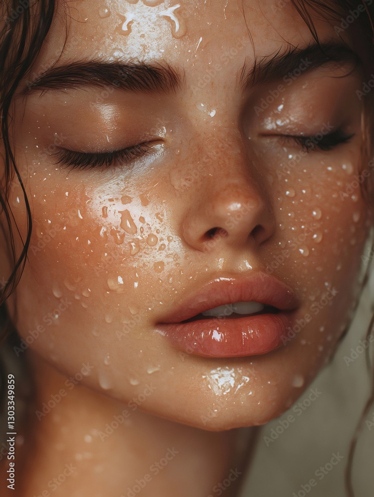 Fototapeta premium Close up of woman with dewy skin and freckles