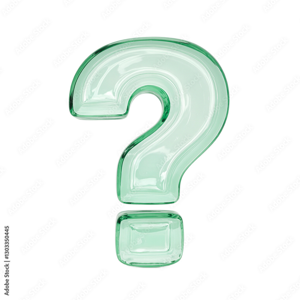 A stunning 3D glass question mark in light green radiating realism with captivating reflections on a white backdrop A stunning 3D glass question mark in light green radiating realism with captivating reflections on a white backdrop