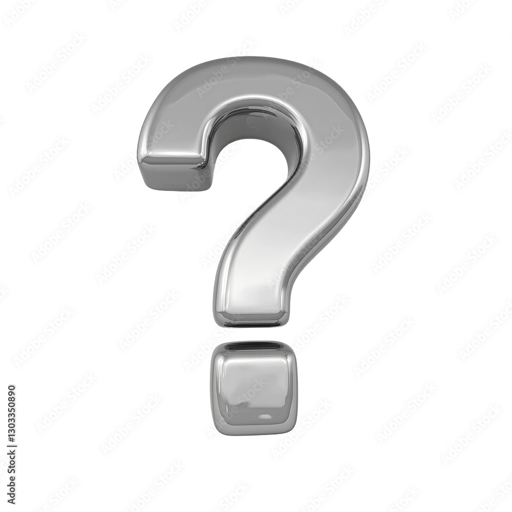 3D metallic question mark with reflective surfaces on white background casting a soft shadow for depth 3D metallic question mark with reflective surfaces on white background casting a soft shadow for depth