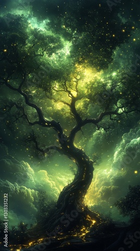 Wallpaper Mural Magical Night in an Ethereal Forest: Vibrant Scenic Tree Silhouettes and Glimmering Light Torontodigital.ca