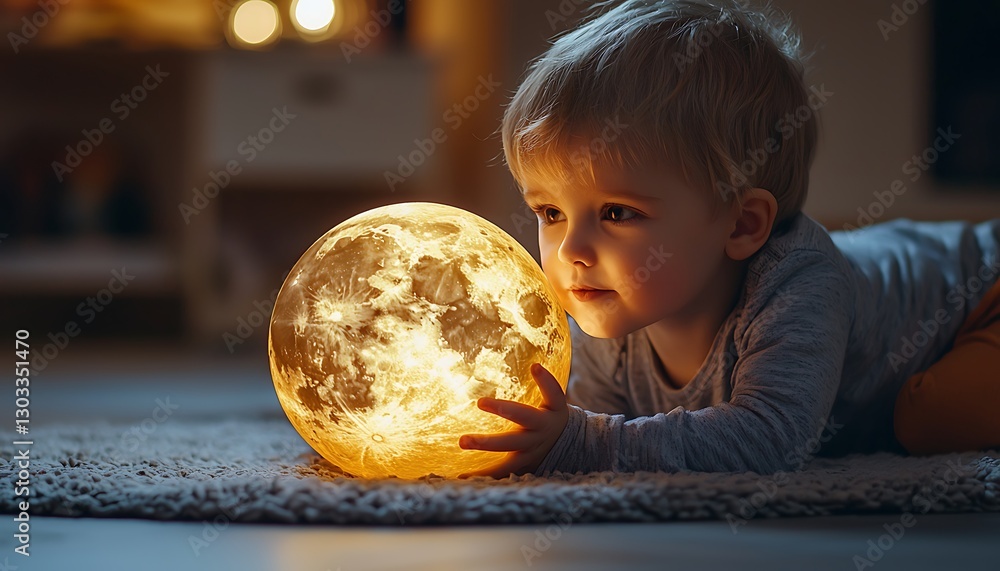 Naklejka premium Child gazing at illuminated globe