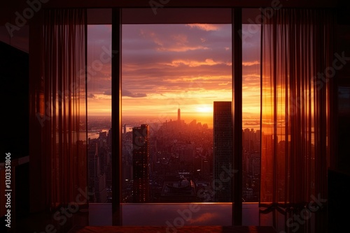 New York skyline sunset view through large window with open curtains at home