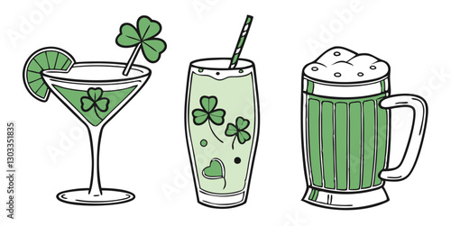 A set of green-themed cocktails, including martini glasses, beer pints, and whiskey tumblers with shamrock garnishes, isolated on a white background.
