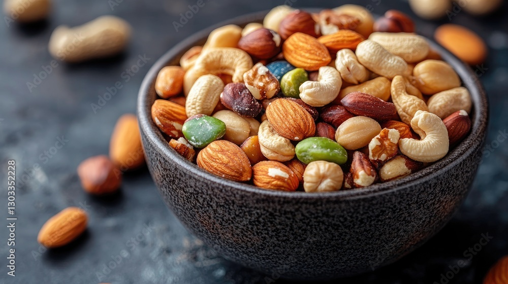 A dark bowl overflows with almonds, cashews, hazelnuts, and pistachios. Perfect for illustrating healthy snacking, recipes, or dietary content. A dark bowl overflows with almonds, cashews, hazelnuts, and pistachios. Perfect for illustrating healthy snacking, recipes, or dietary content.