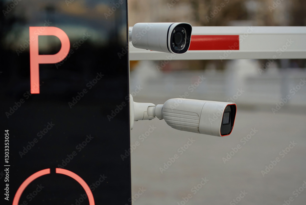 Surveillance cameras mounted on parking entrance barrier for security monitoring and access control in an urban setting, selective focus. Automatic parking barrier closeup