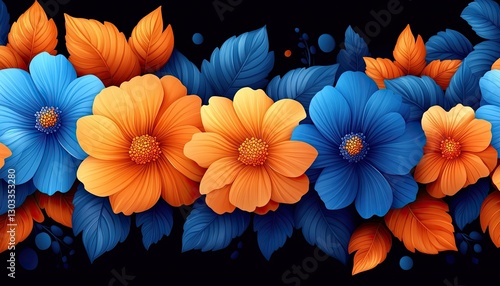 Wallpaper Mural Vibrant blue and orange flowers with leaves. Perfect for floral design, greeting cards, or website banners. Torontodigital.ca