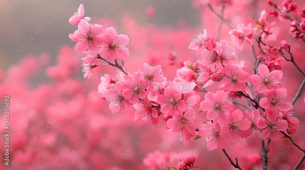 Close-up of vibrant pink cherry blossoms on a branch. Perfect for spring themes, nature, and beauty projects. Close-up of vibrant pink cherry blossoms on a branch. Perfect for spring themes, nature, and beauty projects.