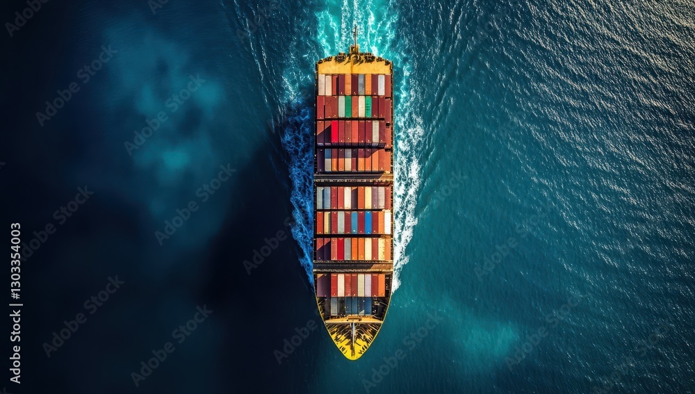 Aerial View of a Large Cargo Ship Navigating Through Deep Blue Ocean Waters with Colorful Containers Reflecting Bright Sunlight Aerial View of a Large Cargo Ship Navigating Through Deep Blue Ocean Waters with Colorful Containers Reflecting Bright Sunlight