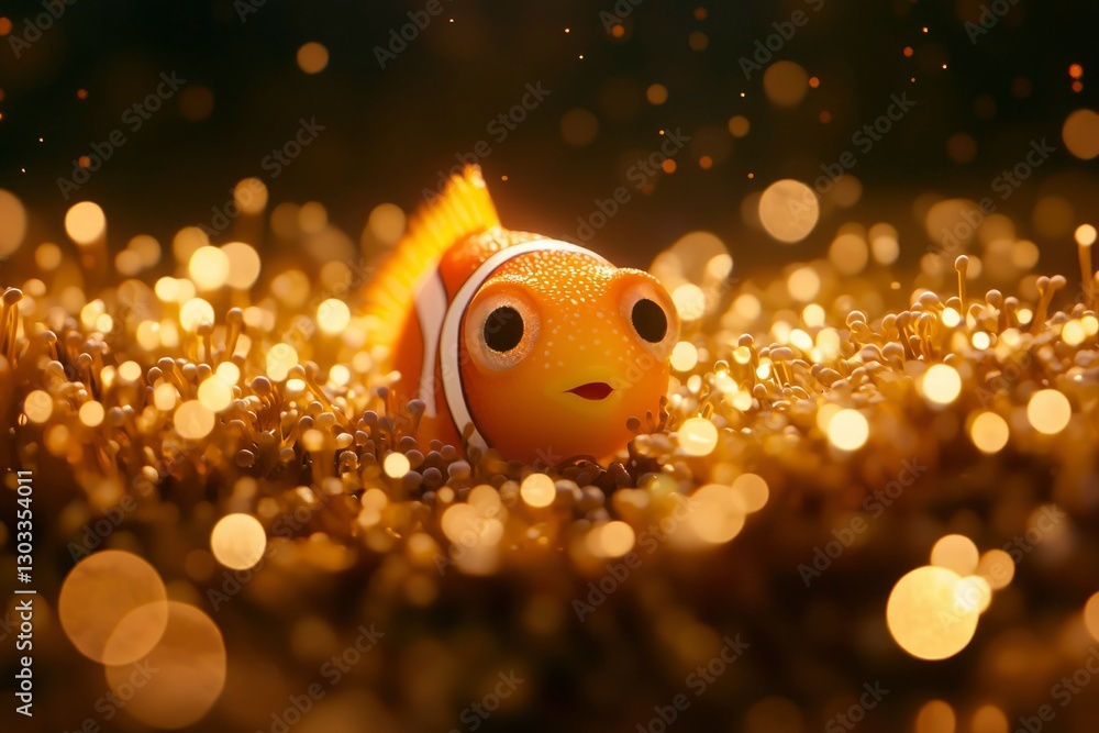 Clownfish swimming in the coral reef. Background lights shine for decoration use Clownfish swimming in the coral reef. Background lights shine for decoration use