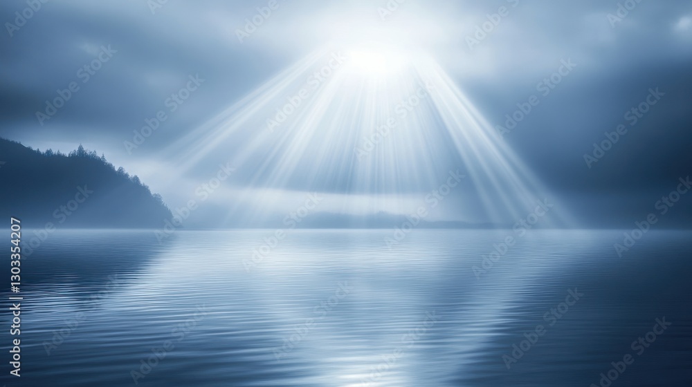 Serene Lake Under Heavenly Rays: A Misty Mountain Lake Landscape Serene Lake Under Heavenly Rays: A Misty Mountain Lake Landscape