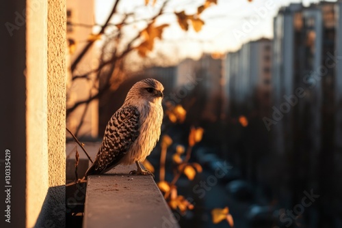 Bird perches on balcony railing at sunset, urban background, used for advertising