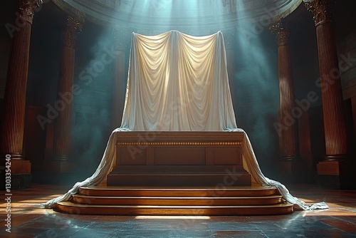 Draped cloth covers an ornate golden altar in a classical hall. Perfect for religious, spiritual, or ceremonial themes.
