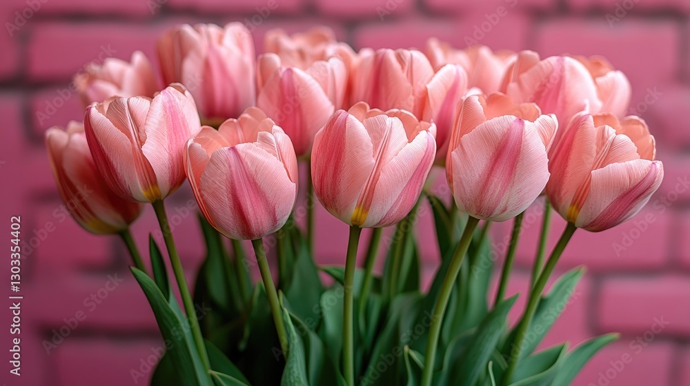 Naklejka premium A bouquet of pale pink tulips against a pink brick wall. Perfect for spring, romance, or Mother's Day themes.