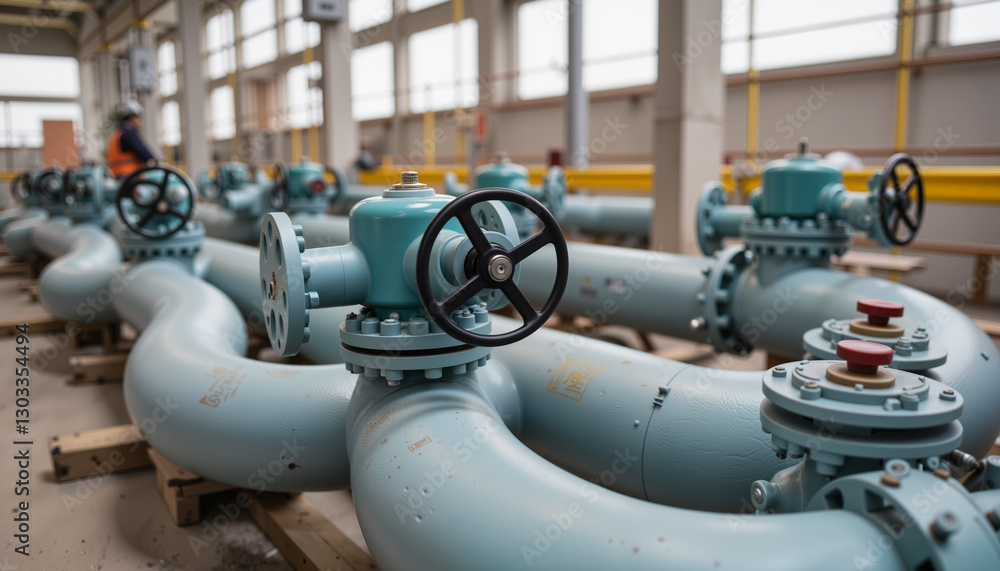 Gas pipeline network with valves in focus, representing construction Gas pipeline network with valves in focus, representing construction