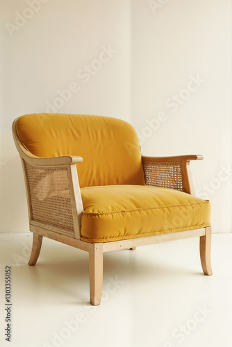 Modern Yellow Upholstered Armchair with Woven Cane Sides and Light Wooden Frame in Contemporary Interior