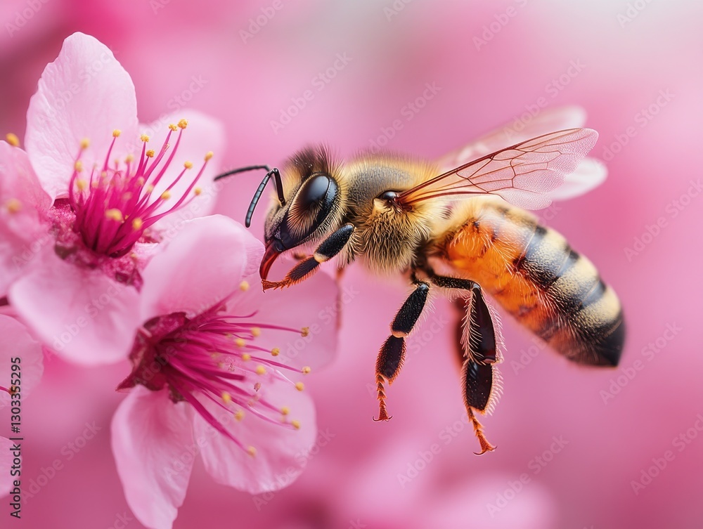 Close-up of honeybee collecting pollen from pink blossom. Illustrates pollination, nature, and springtime. Close-up of honeybee collecting pollen from pink blossom. Illustrates pollination, nature, and springtime.