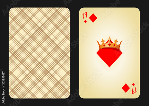 Original design of the playing card ace of diamonds, front and back. Ace of Diamonds in cartoon vintage style. Vector illustration