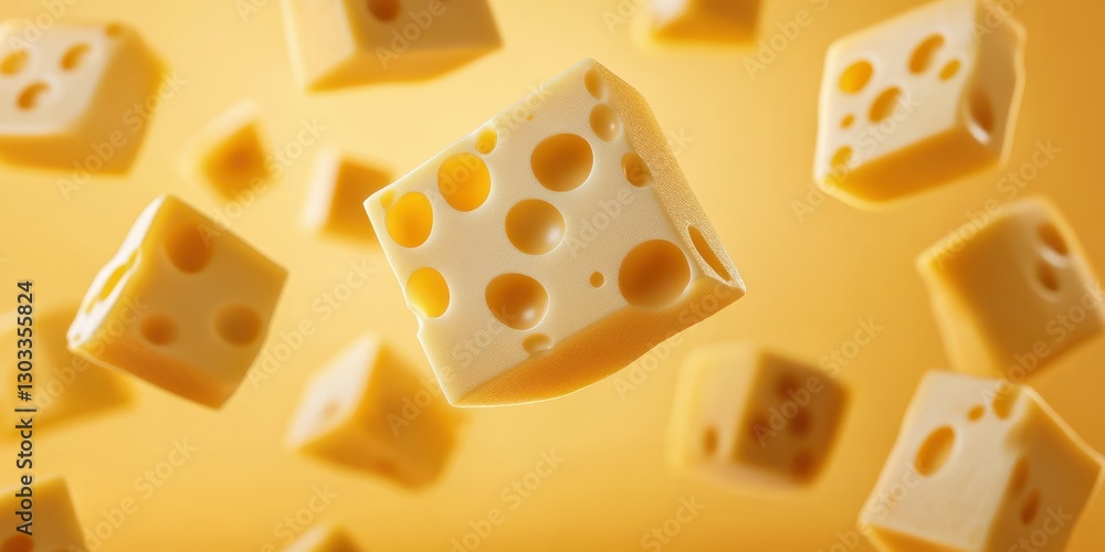 Floating cubes of cheese against a bright yellow background create a playful and whimsical atmosphere in the kitchen Floating cubes of cheese against a bright yellow background create a playful and whimsical atmosphere in the kitchen