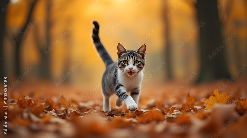 Fototapeta premium Adorable Tabby Kitten Strolling Golden Autumn Leaves - Soft Bokeh - Fall Park