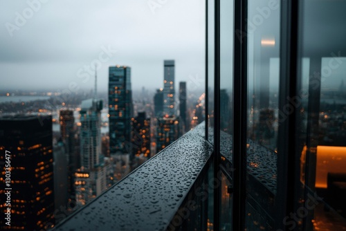 City view from high-rise balcony on a rainy day, ideal for urban travel ads