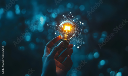 Illuminating Ideas: A single, radiant light bulb, held delicately in a hand, glows with an inviting luminescence, signifying fresh insights and innovative concepts.