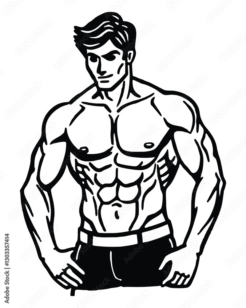 Fototapeta premium Silhouette of 6 pack shirtless man isolated on a white background