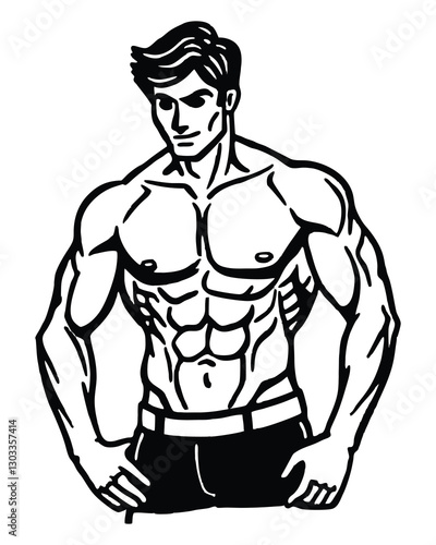 Silhouette of 6 pack shirtless man isolated on a white background