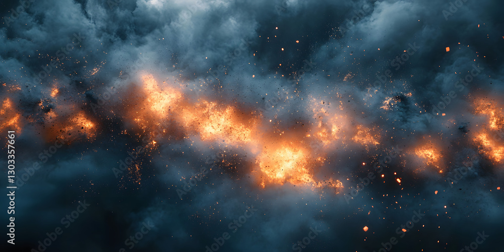 Fototapeta premium Dark, ominous scene with smoke and explosions indicating a chaotic battle or wartime situation.