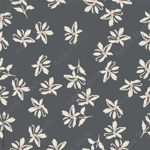 Elegance pink floral stems seamless pattern on a grey background. Vector hand drawn. Artistic, abstract flowers and tiny leaves, buds bells printing. Template for designs, fabric, fashion, textile
