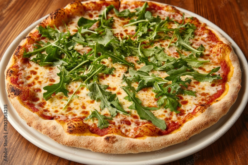 Arugula topping on pizza served on a white plate with a wooden table background Arugula topping on pizza served on a white plate with a wooden table background
