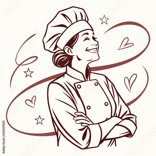 cooking, culinary and people concept - happy smiling female chef in toque with crossed arms over white background. Hand drawn vector illustration