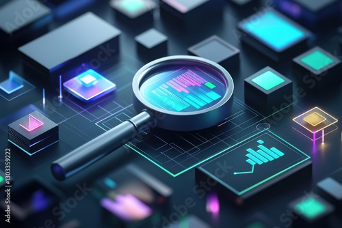 Wallpaper Mural Isometric Magnifying Glass Analyzing Colorful Data Visualization in 3D Render Torontodigital.ca