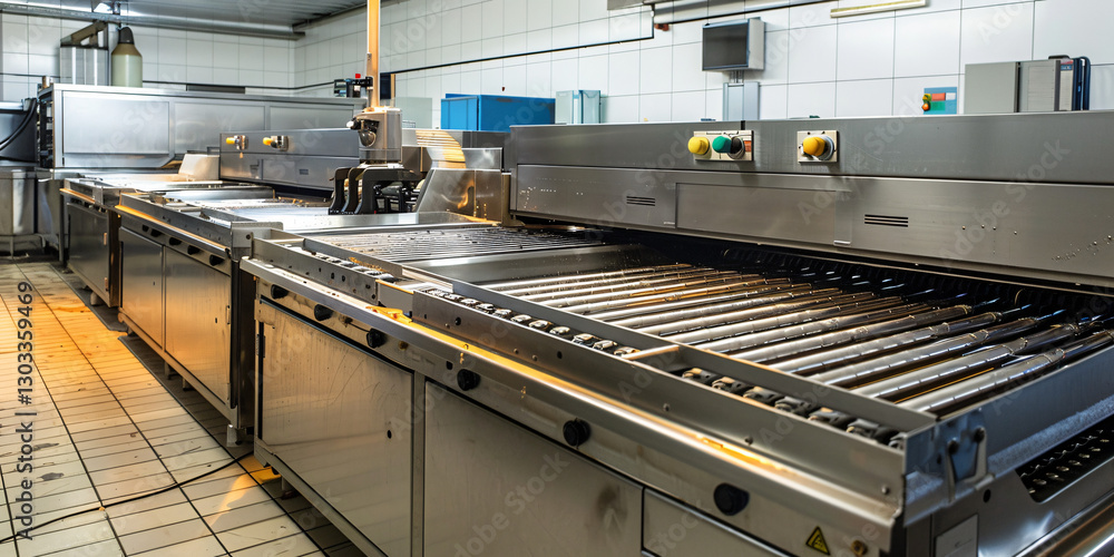 Obraz premium A modern production factory with a brand-new robotic arm assembling components on a sleek conveyor belt.