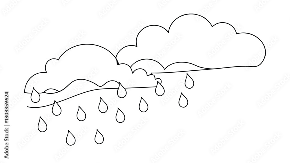 A simple line drawing of a cloud with raindrops falling. The image is black and white, minimalist, and childlike in style. It depicts a basic weather scene. A simple line drawing of a cloud with raindrops falling. The image is black and white, minimalist, and childlike in style. It depicts a basic weather scene.