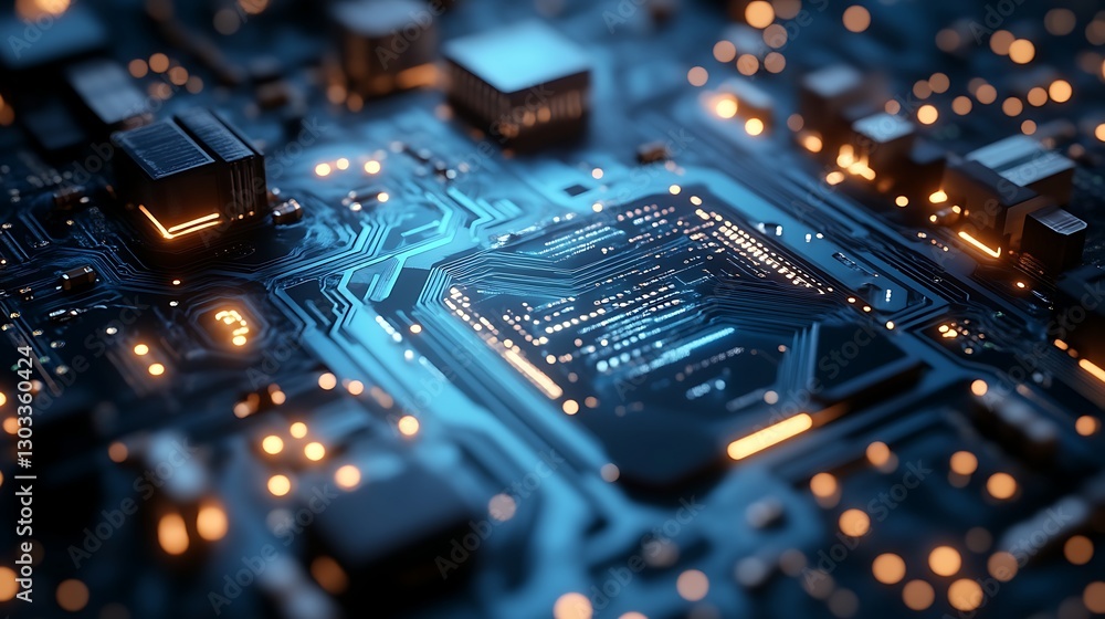 Circuit board processing data. Blue lights glow Circuit board processing data. Blue lights glow