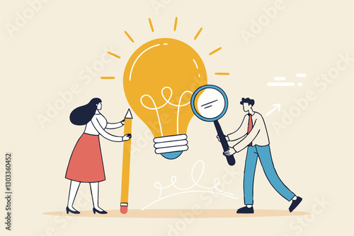 Business viability checking, feasibility study by market research to see possibility to success in real world, evaluate profitable of business idea, businessman with magnifier analyze lightbulb idea.