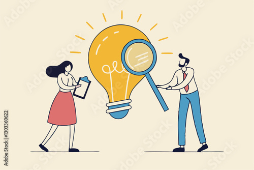 Business viability checking, feasibility study by market research to see possibility to success in real world, evaluate profitable of business idea, businessman with magnifier analyze lightbulb idea.
