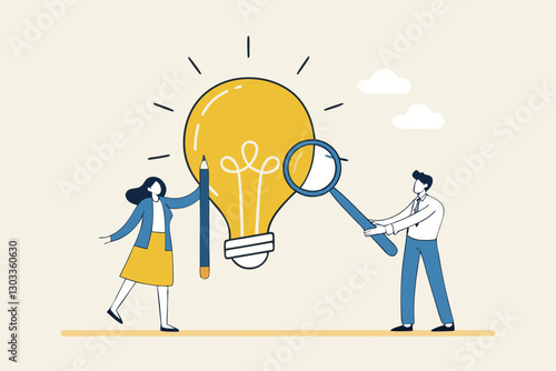 Business viability checking, feasibility study by market research to see possibility to success in real world, evaluate profitable of business idea, businessman with magnifier analyze lightbulb idea.