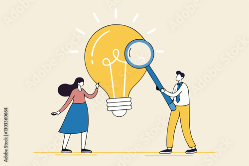 Business viability checking, feasibility study by market research to see possibility to success in real world, evaluate profitable of business idea, businessman with magnifier analyze lightbulb idea.