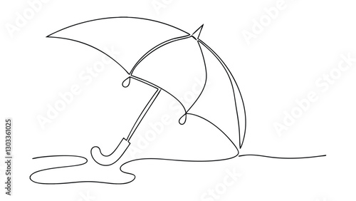 A minimalist line drawing depicts an umbrella lying on the ground next to a puddle, suggesting rain. Simple, elegant, and evocative of weather.