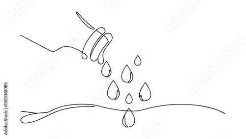 A singleline drawing depicts a hand pouring water. Several drops fall onto a surface, creating a continuous, elegant design. Minimalist and abstract.