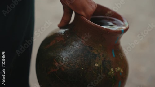A young Indian boy carries a clay jug of water in his hand. Closeup macro shot