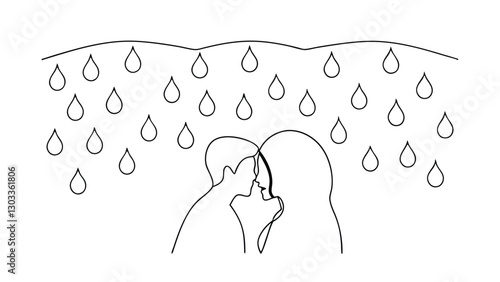 Line art illustration of a couple kissing under a gently raining sky. Simple, minimalist style depicting romance and weather.