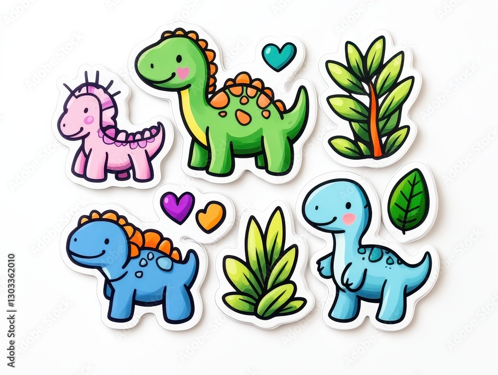 Obraz premium Colorful cartoon dinosaur stickers with plants and hearts on a white background