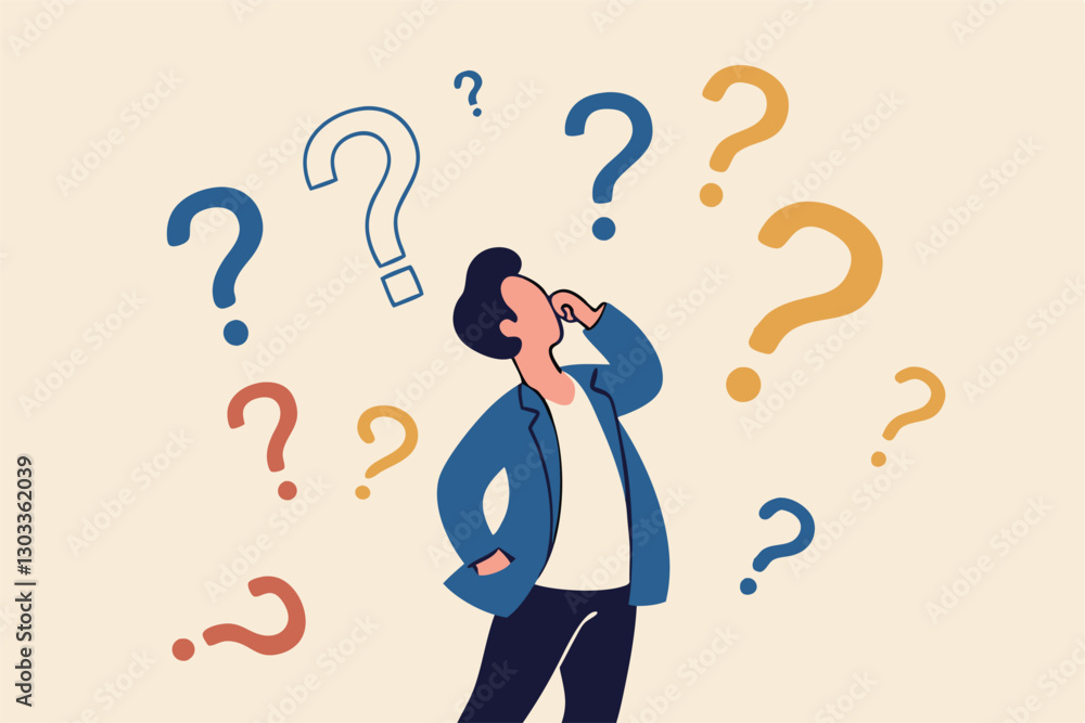 Ask questions, FAQ, problem or curiosity, doubt and confusion to be answer, challenge and uncertainty, unknown information or solution concept, contemplation businessman thinking with question marks. Ask questions, FAQ, problem or curiosity, doubt and confusion to be answer, challenge and uncertainty, unknown information or solution concept, contemplation businessman thinking with question marks.