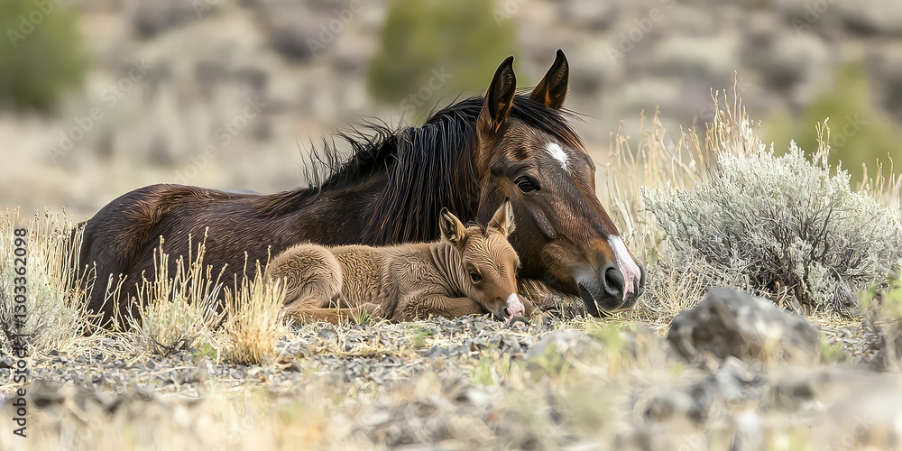 Fototapeta premium Mother horse nuzzling her newborn foal