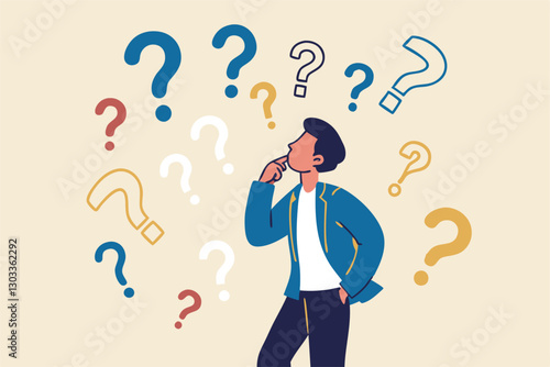 Ask questions, FAQ, problem or curiosity, doubt and confusion to be answer, challenge and uncertainty, unknown information or solution concept, contemplation businessman thinking with question marks.