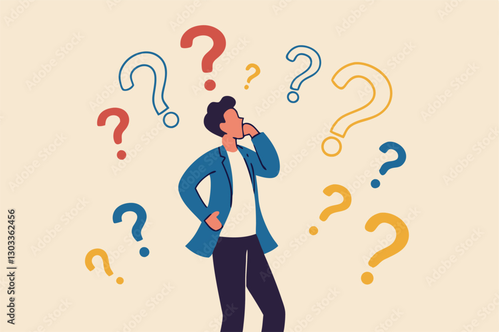 Ask questions, FAQ, problem or curiosity, doubt and confusion to be answer, challenge and uncertainty, unknown information or solution concept, contemplation businessman thinking with question marks. Ask questions, FAQ, problem or curiosity, doubt and confusion to be answer, challenge and uncertainty, unknown information or solution concept, contemplation businessman thinking with question marks.