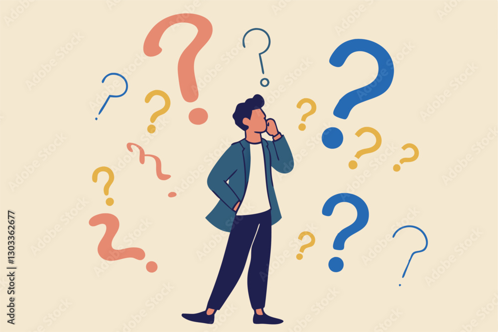 Ask questions, FAQ, problem or curiosity, doubt and confusion to be answer, challenge and uncertainty, unknown information or solution concept, contemplation businessman thinking with question marks. Ask questions, FAQ, problem or curiosity, doubt and confusion to be answer, challenge and uncertainty, unknown information or solution concept, contemplation businessman thinking with question marks.