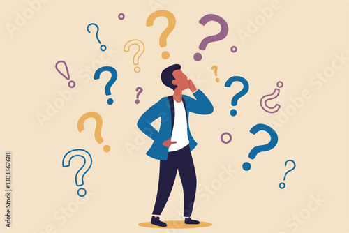 Ask questions, FAQ, problem or curiosity, doubt and confusion to be answer, challenge and uncertainty, unknown information or solution concept, contemplation businessman thinking with question marks.